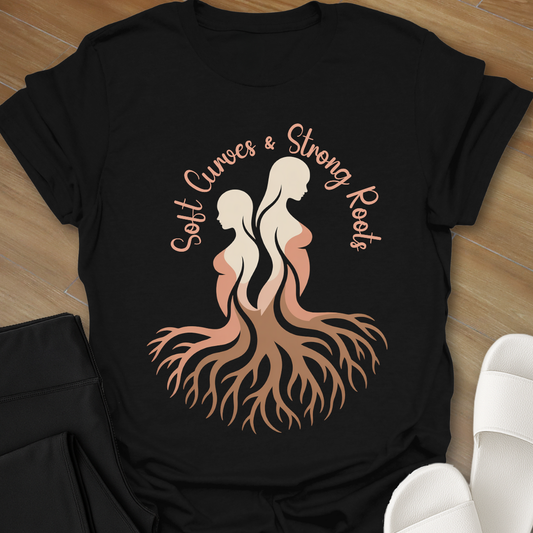  Illustration of two curvy women with intertwined roots and the words “Soft Curves Strong Roots” in peach tones on a black background