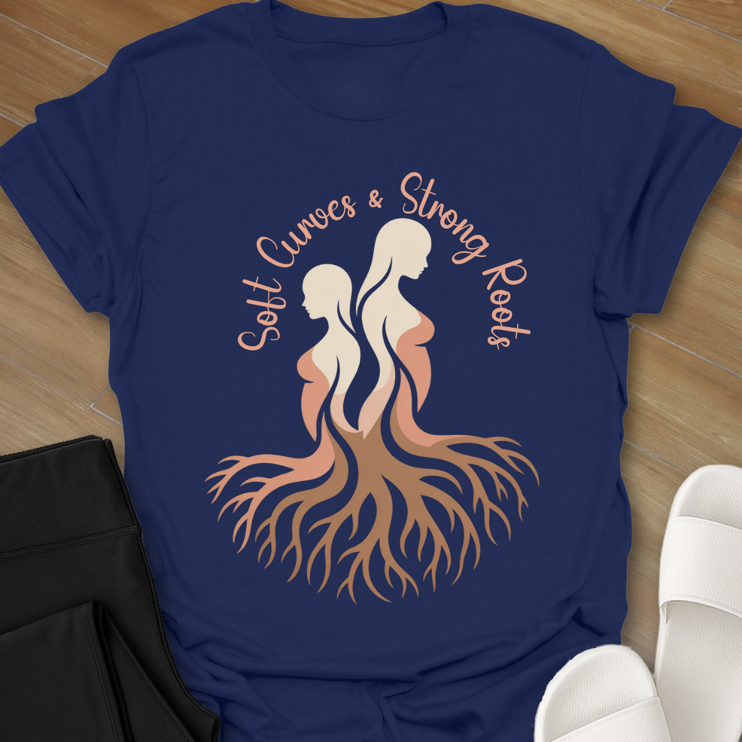 Blue t-shirt with Illustration of two curvy women with intertwined roots and the words “Soft Curves Strong Roots” in peach tones on a black background